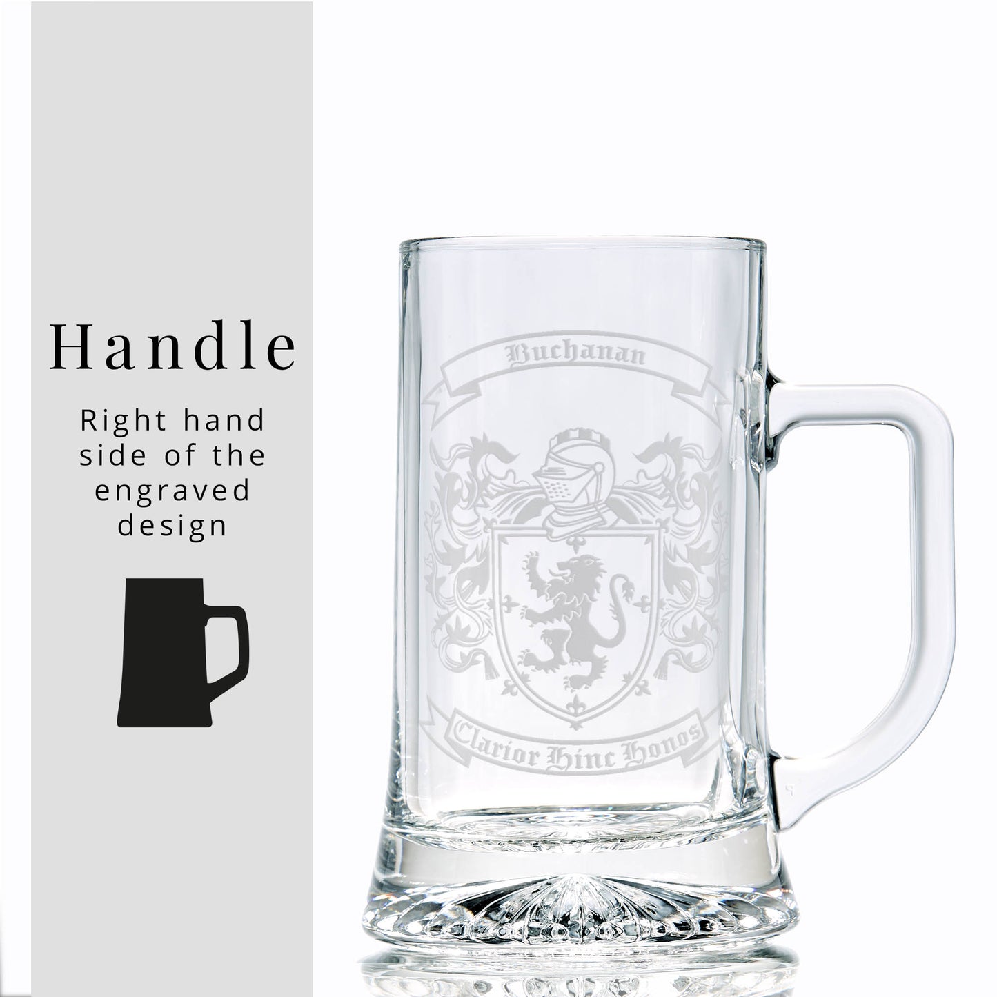 Glass tankard engraved with family coat of armas shield and motto — durable, permanent etch.