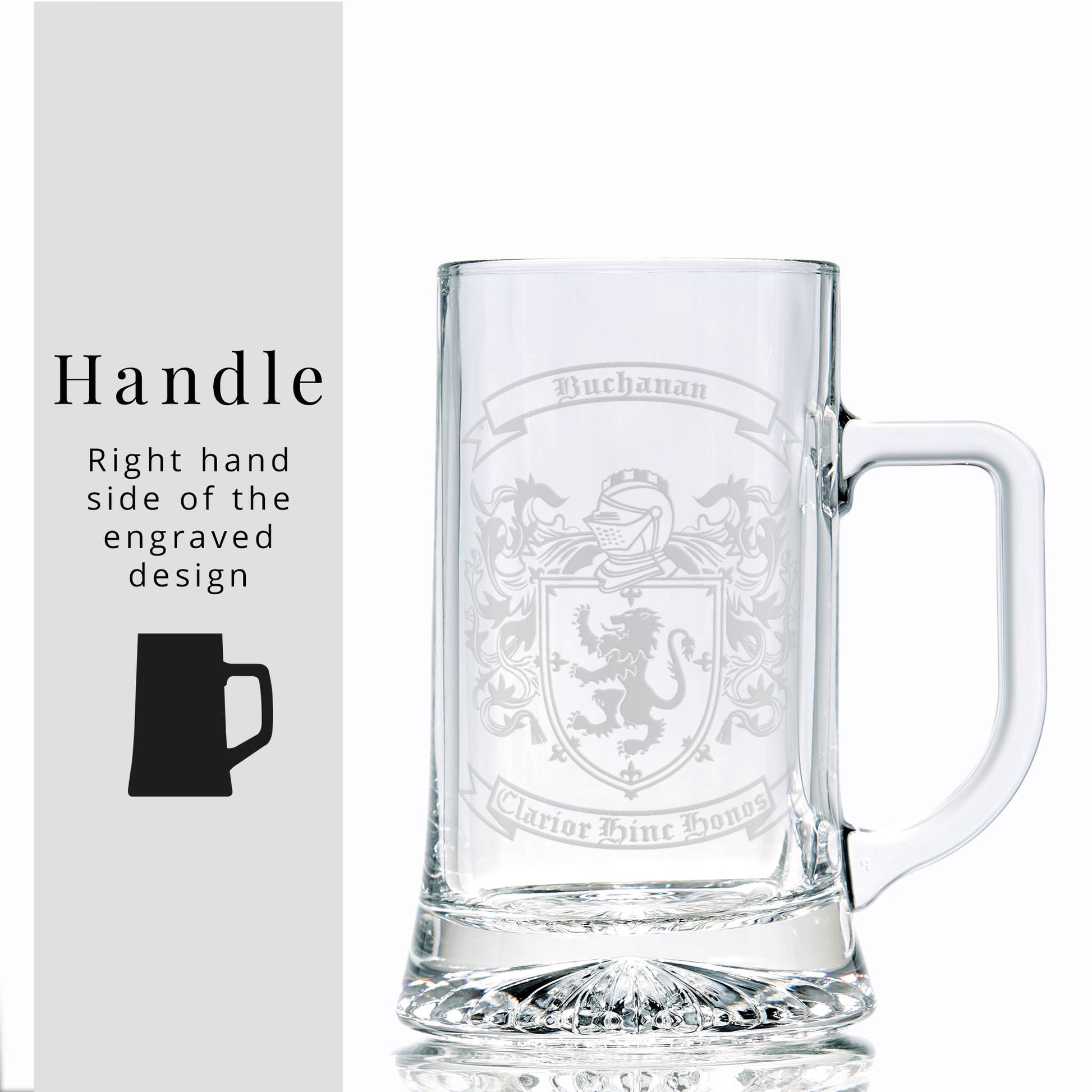 Glass tankard engraved with family coat of armas shield and motto — durable, permanent etch.