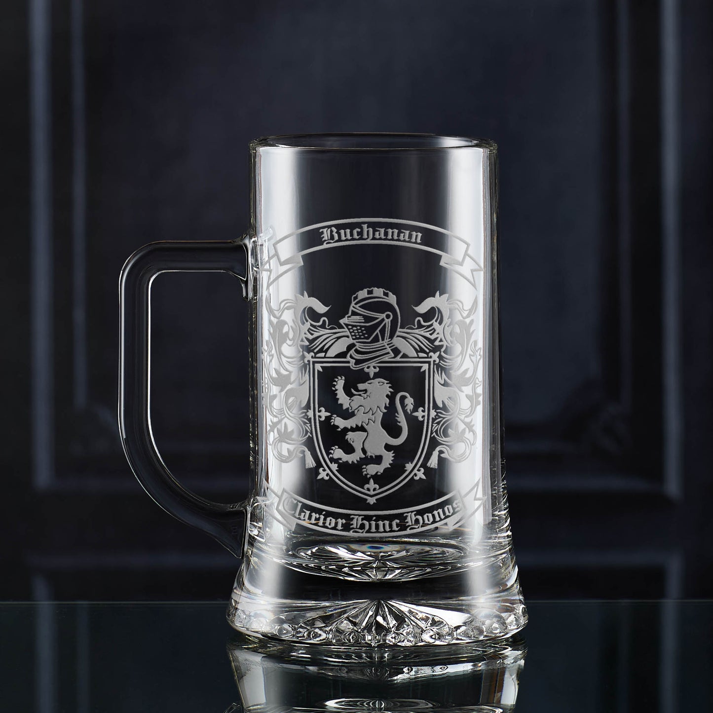 Buchanan heraldic coat of arms on glass tankard — sturdy handle, permanent engraving.