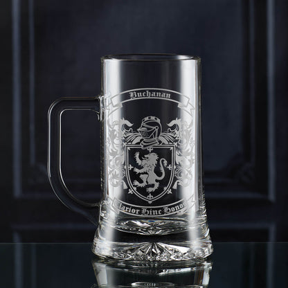 Buchanan heraldic coat of arms on glass tankard — sturdy handle, permanent engraving.