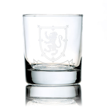buchanan coat of arms whisky glass engraved with lion rampant and shield against a white background