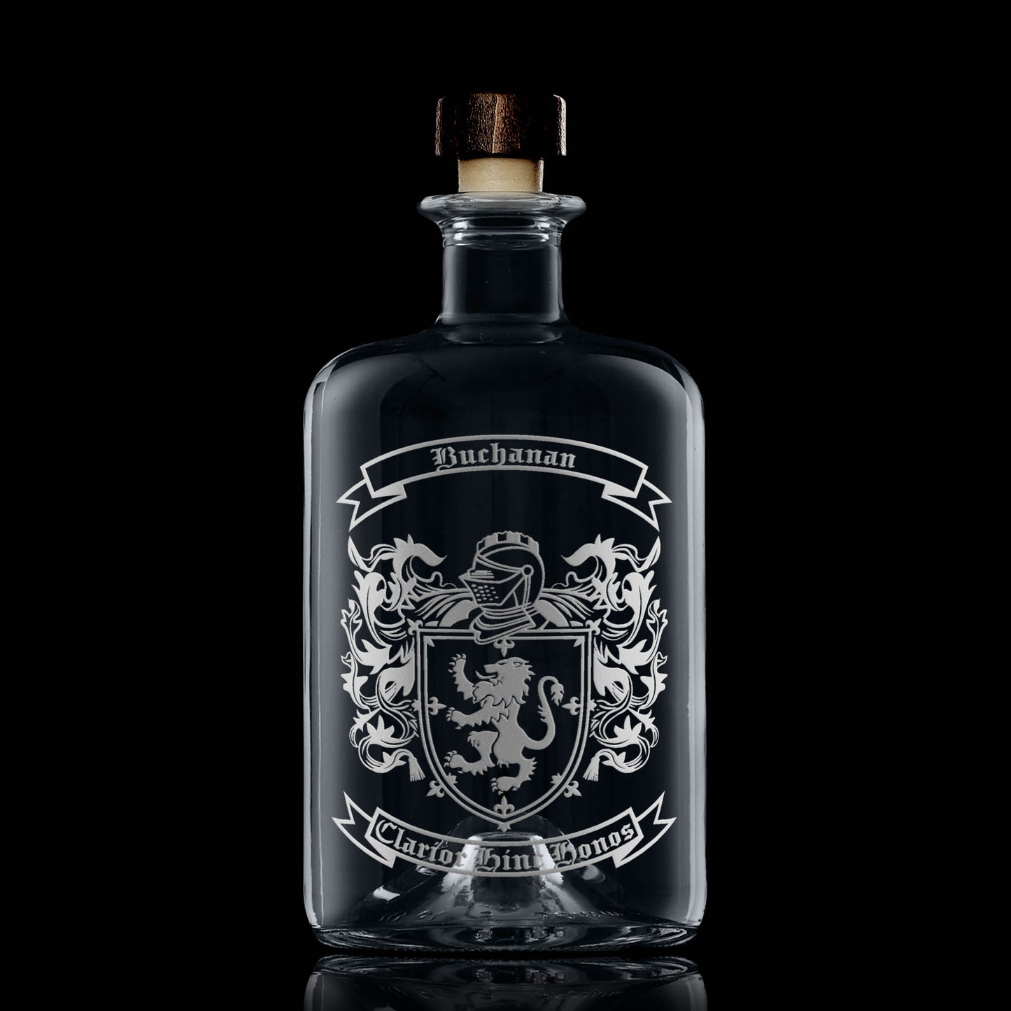 Apothecary decanter with Buchanan heraldic coat of arms — straight sides, ground-glass stopper, permanent engraving.