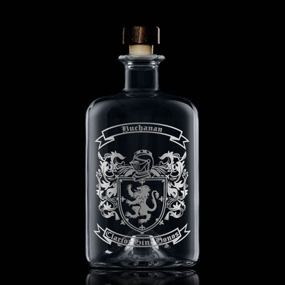 Apothecary decanter with Buchanan heraldic coat of arms — straight sides, ground-glass stopper, permanent engraving.