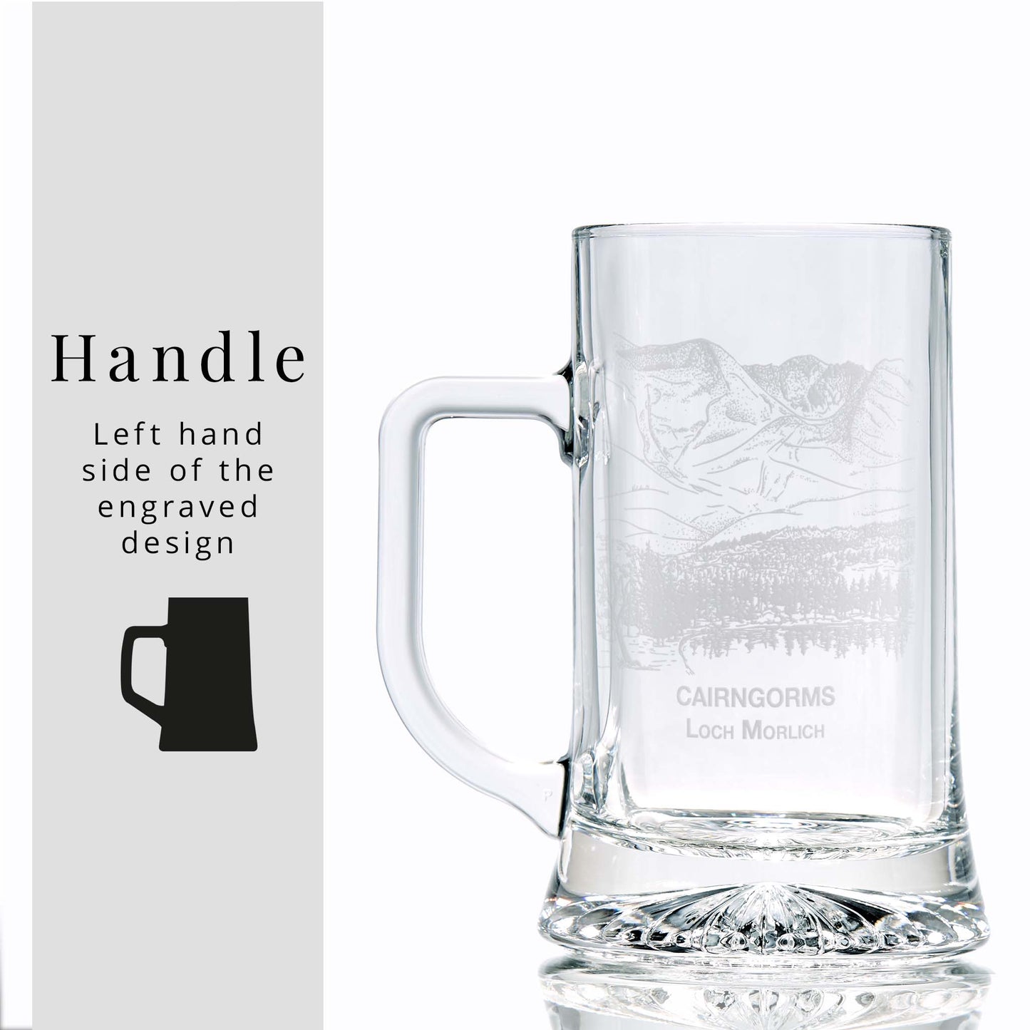 White background image with overlay text: “Handle – Left hand side of the engraved design” and silhouette of tankard
