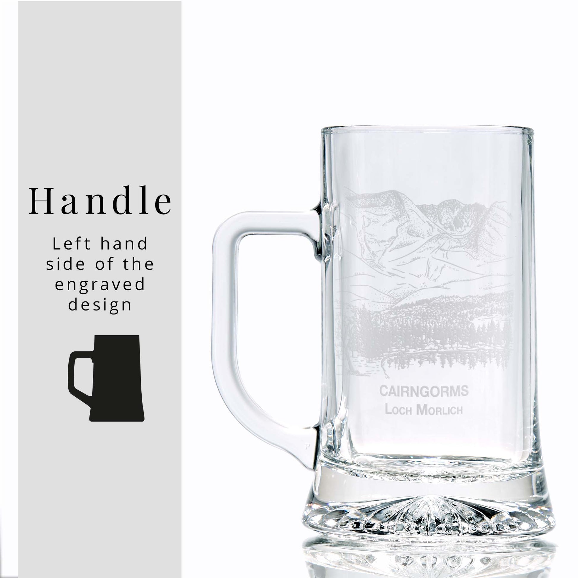 White background image with overlay text: “Handle – Left hand side of the engraved design” and silhouette of tankard
