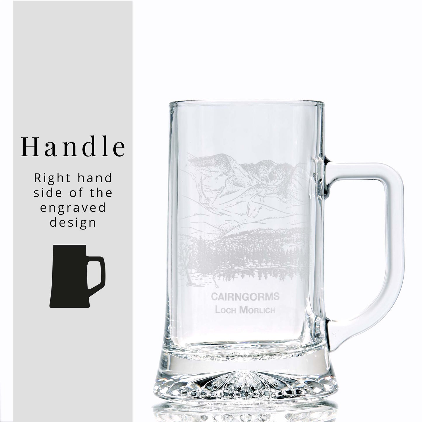 White background image with overlay text: “Handle – Right hand side of the engraved design” and silhouette of tankard