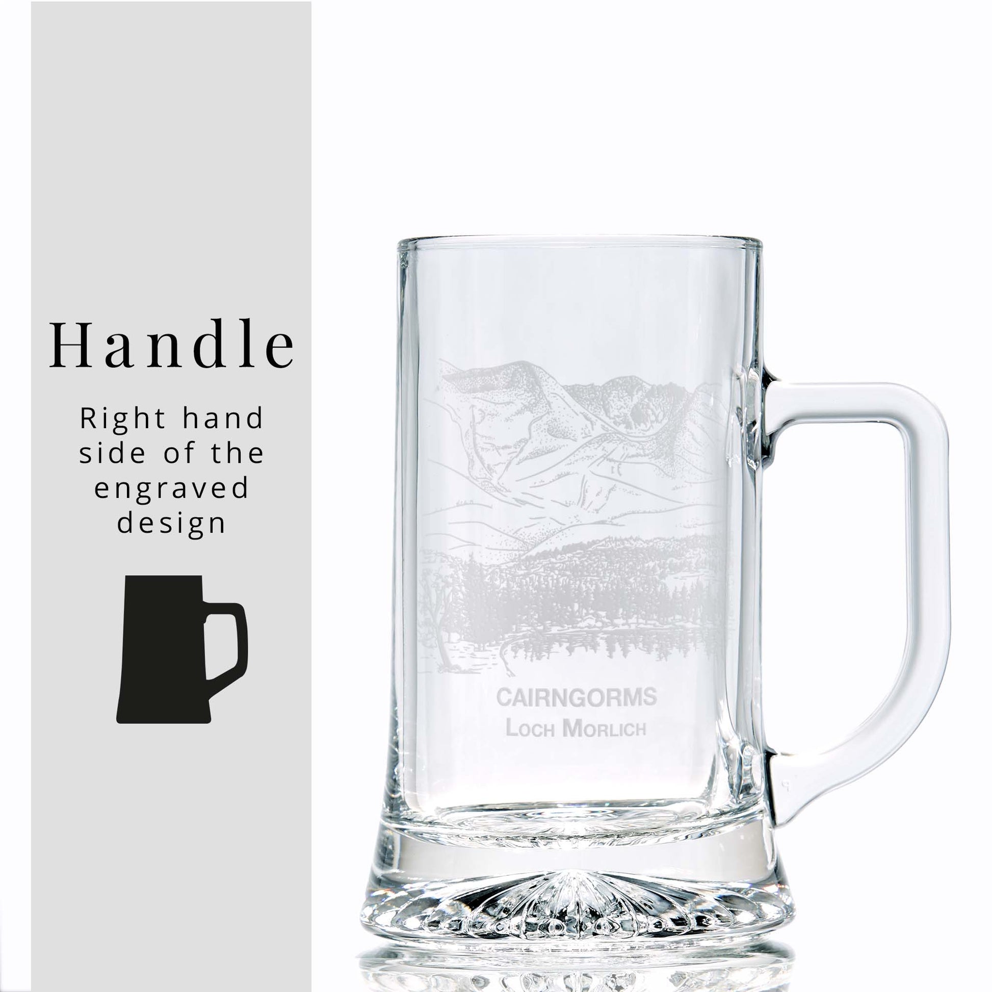 White background image with overlay text: “Handle – Right hand side of the engraved design” and silhouette of tankard