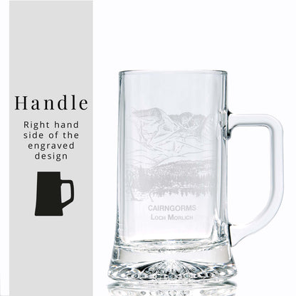 White background image with overlay text: “Handle – Right hand side of the engraved design” and silhouette of tankard