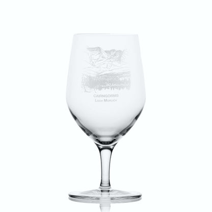 Tall 450ml mineral water glass with Cairngorms and Loch Morlich engraving, shown on white background to highlight elegant shape