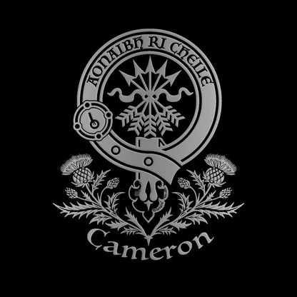 Engraved Cameron clan crest design — digital mock-up for reference; artwork engraved by Just The Ticket in our Fife studio