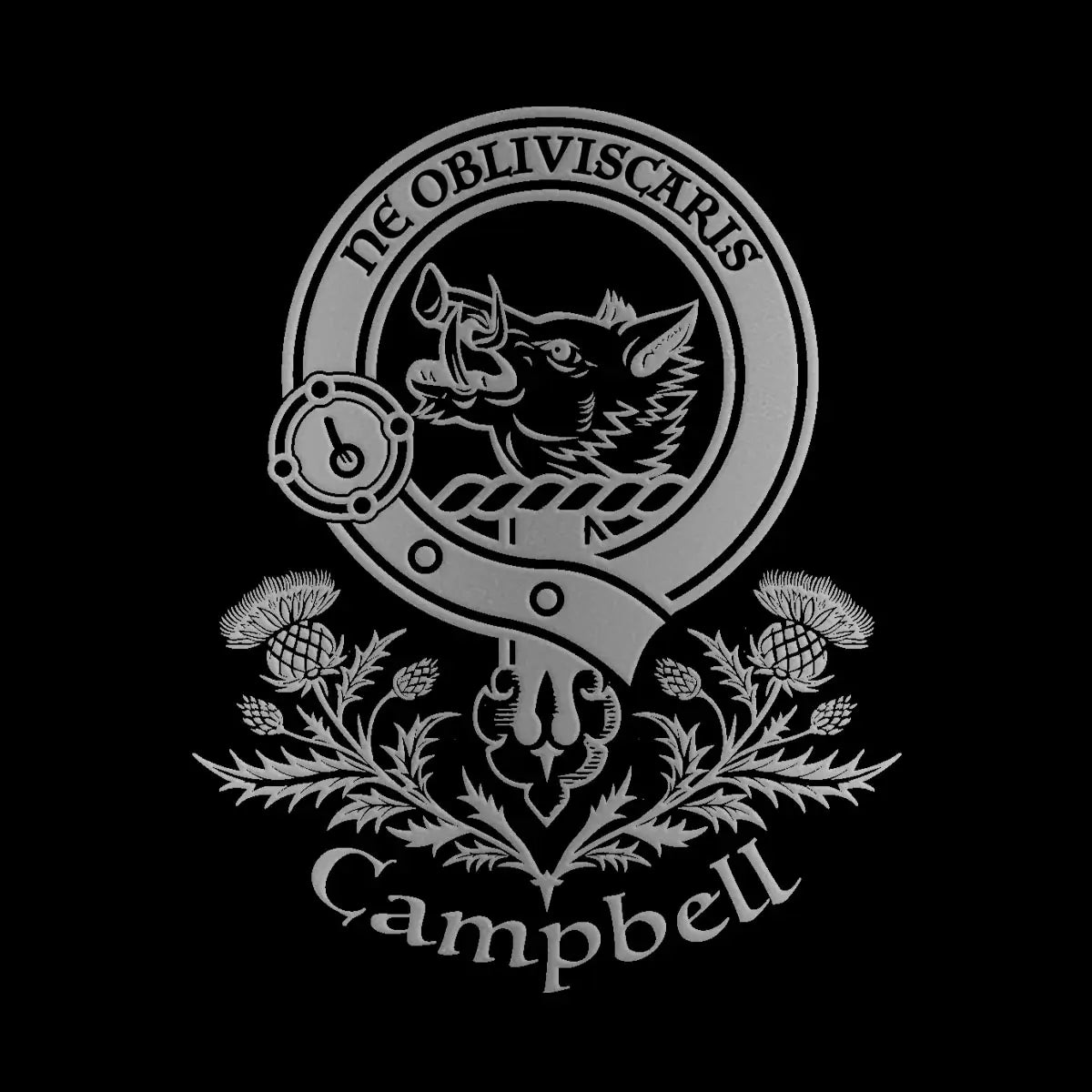 Engraved Campbell clan crest design — digital mock-up for reference; artwork engraved by Just The Ticket in our Fife studio