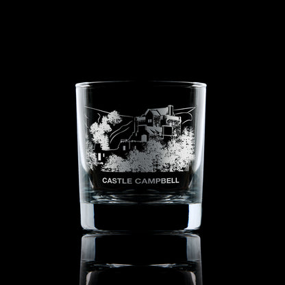 Castle Campbell, Dollar, Scotland engraved whisky glass black background