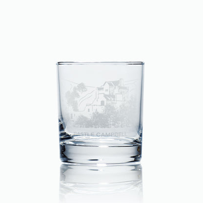 Castle Campbell, Dollar, Scotland engraved whisky glass white backround