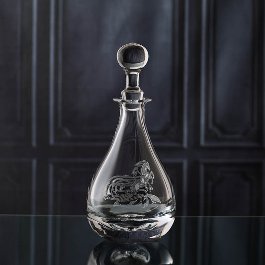 Wine decanter engraved with a galloping horse encircled with an anamophic design
