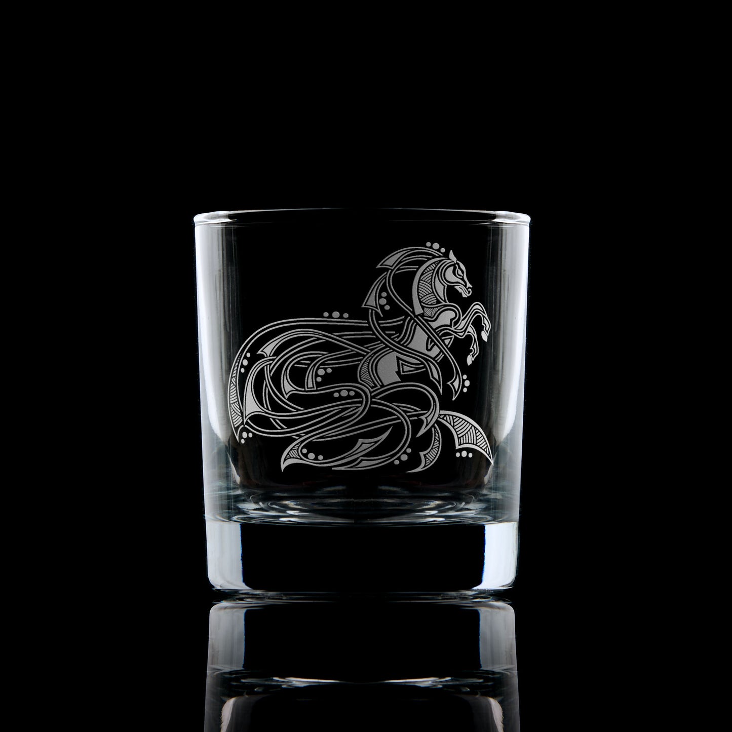 whisky tumbler engraved with celtic knotwork stallion