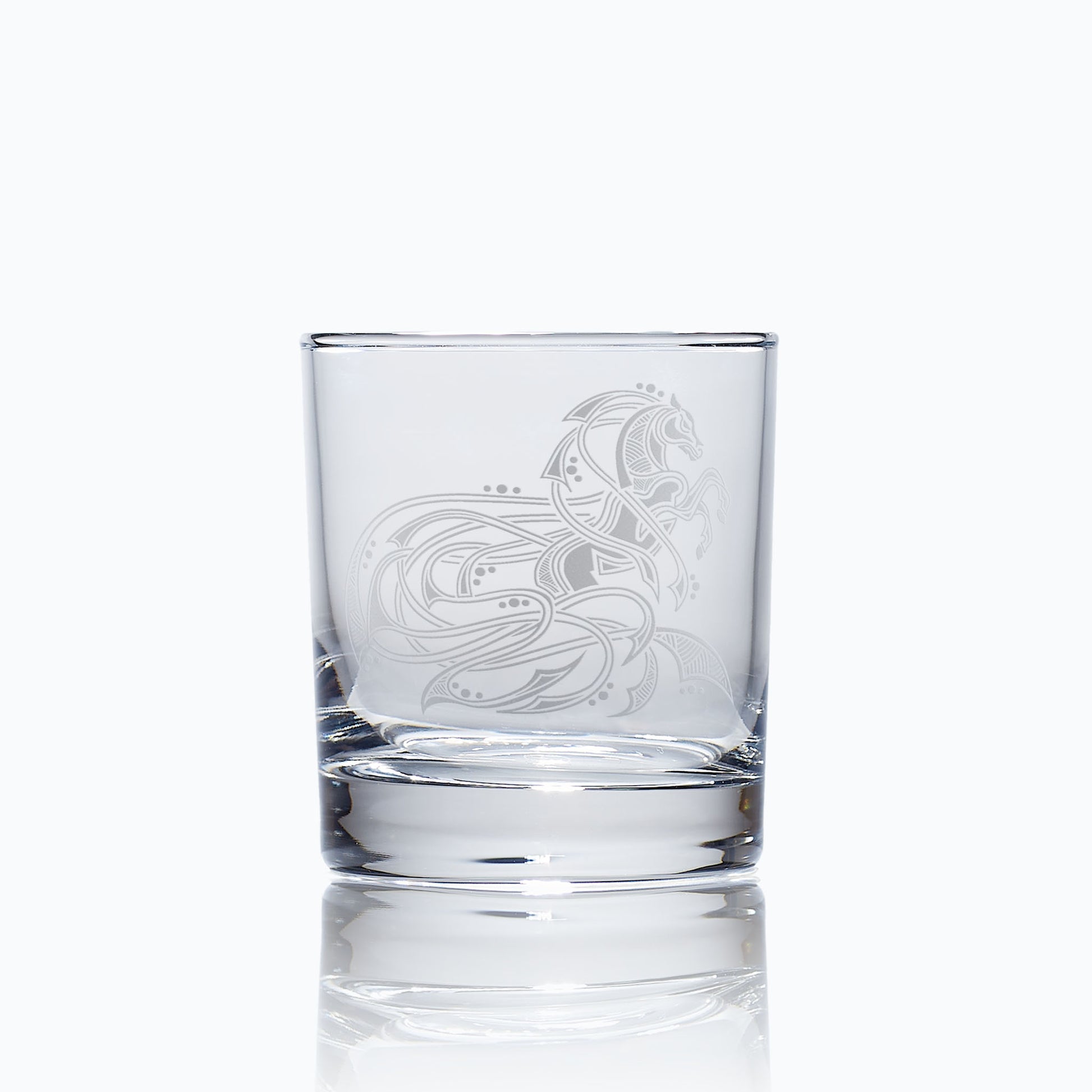 whisky tumbler engraved with celtic knotwork horse