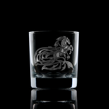 Hand-engraved Celtic Knotwork Horse whisky glass – front view