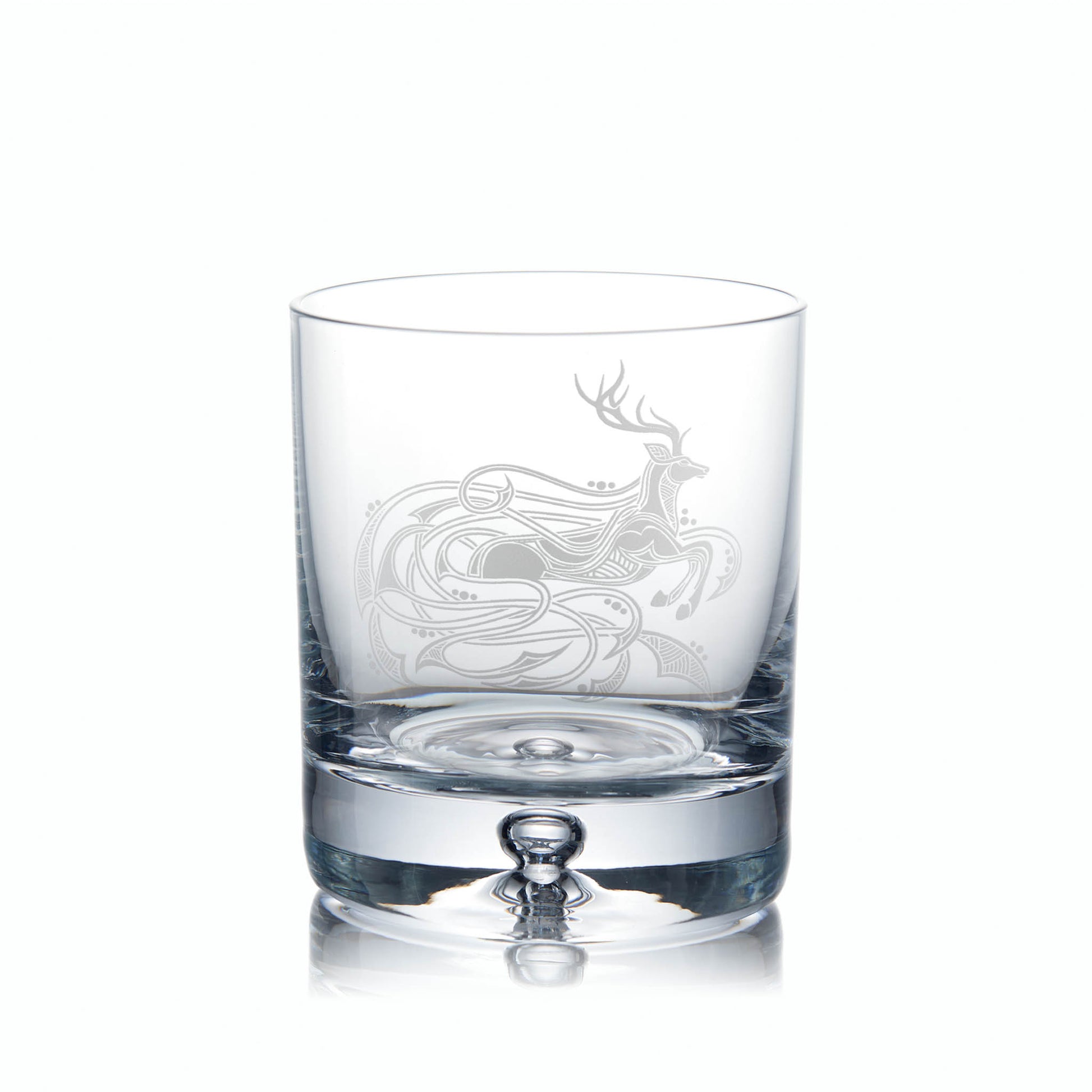 Scottish stag engraved on a bubble base whisky glass, can be personalised