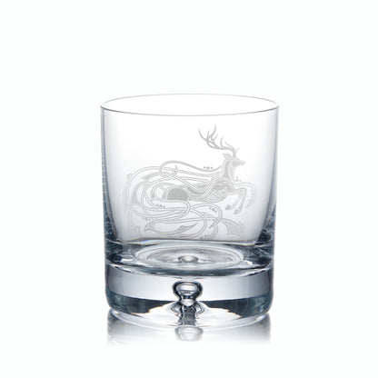 Scottish stag engraved on a bubble base whisky glass, can be personalised