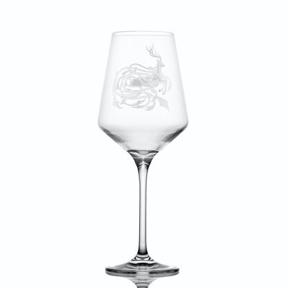 Stag wine glass engraved with a deer and antlers on a white background