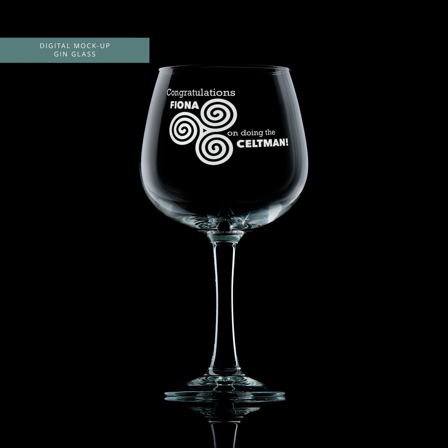 Celtman gin glass engraved with a bespoke personalised message