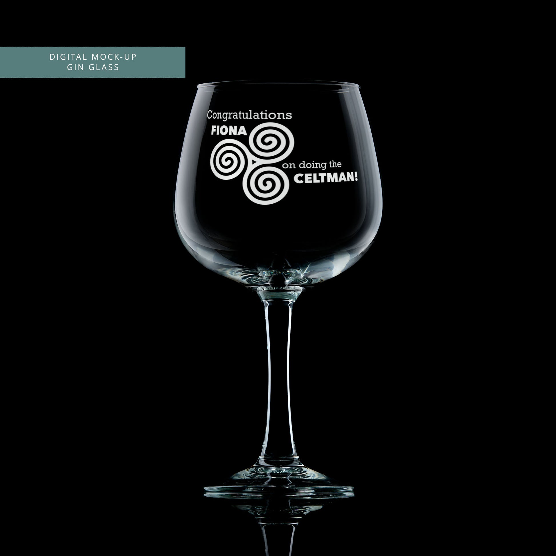 Celtman gin glass engraved with a bespoke personalised message