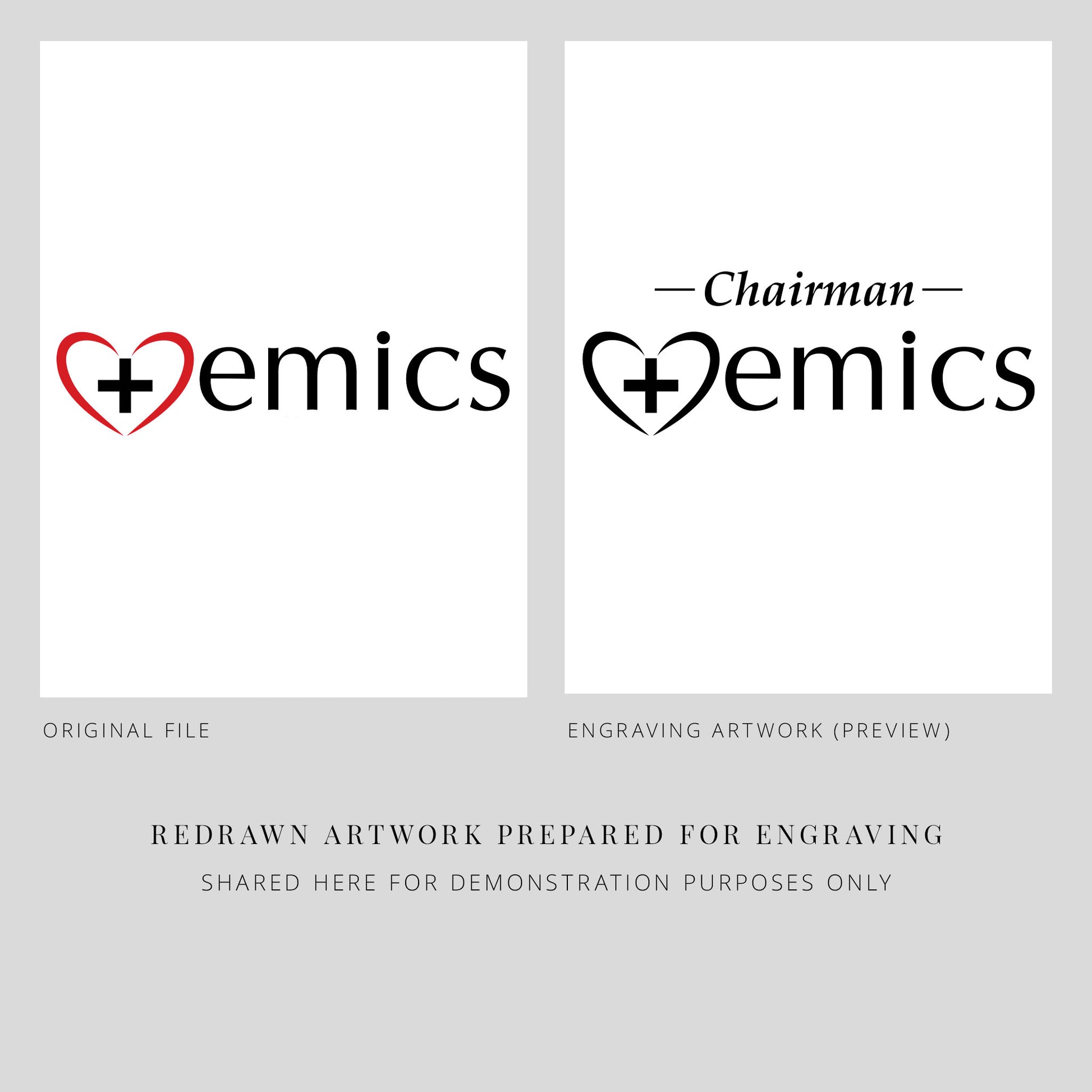 Two logos of 'emics' with a heart and cross symbol, one original and one engraved, on a gray background.