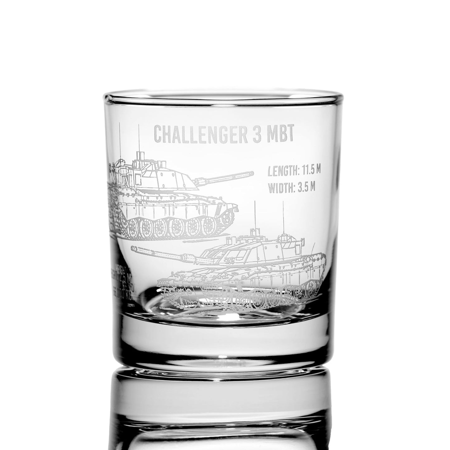 Engraved whisky tumbler with Challenger 3 MBT illustration and specifications, photographed on a white background for shape clarity.