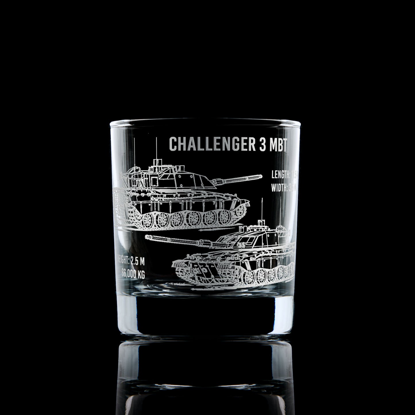 Front-facing whisky glass with detailed Challenger 3 tank engraving, shown on a black background to emphasise etched design.