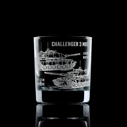 Front-facing whisky glass with detailed Challenger 3 tank engraving, shown on a black background to emphasise etched design.