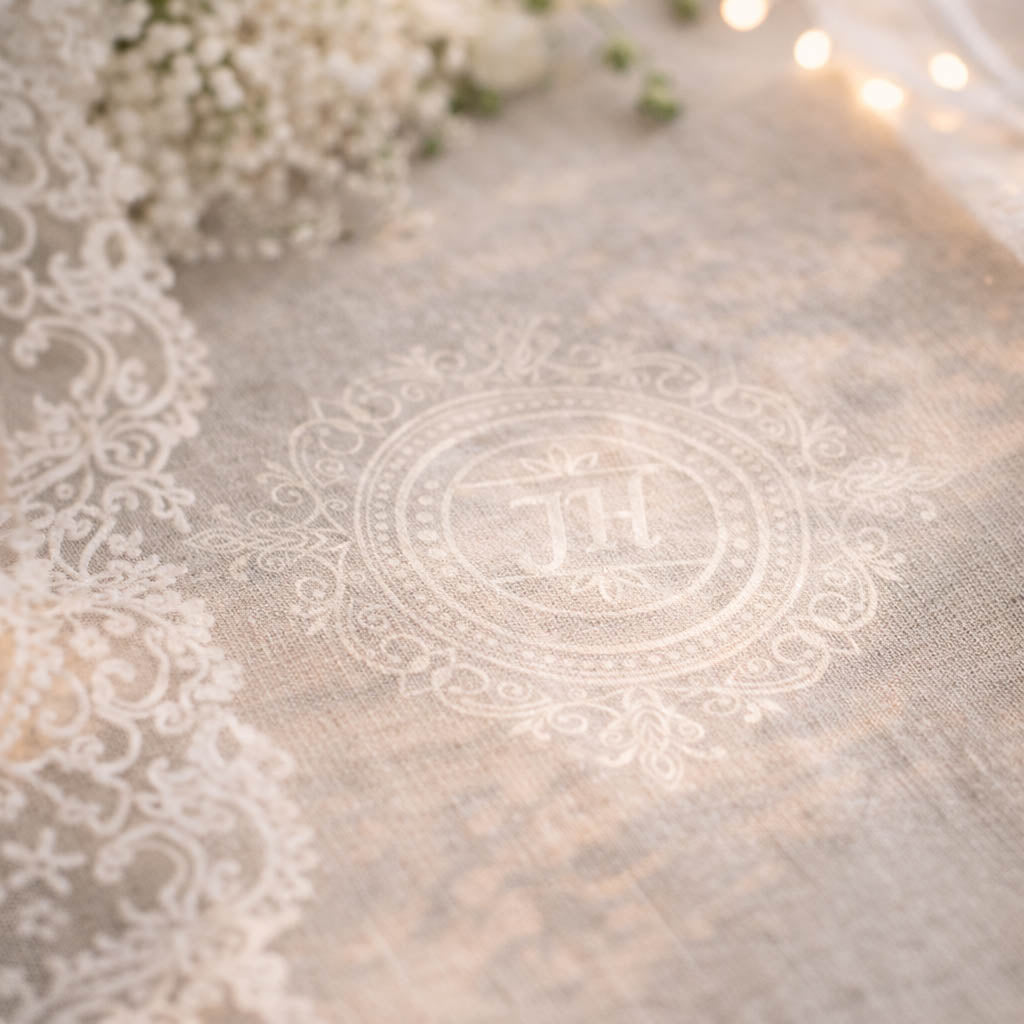 Decorative tablecloth with chantilly lace details and floral arrangement