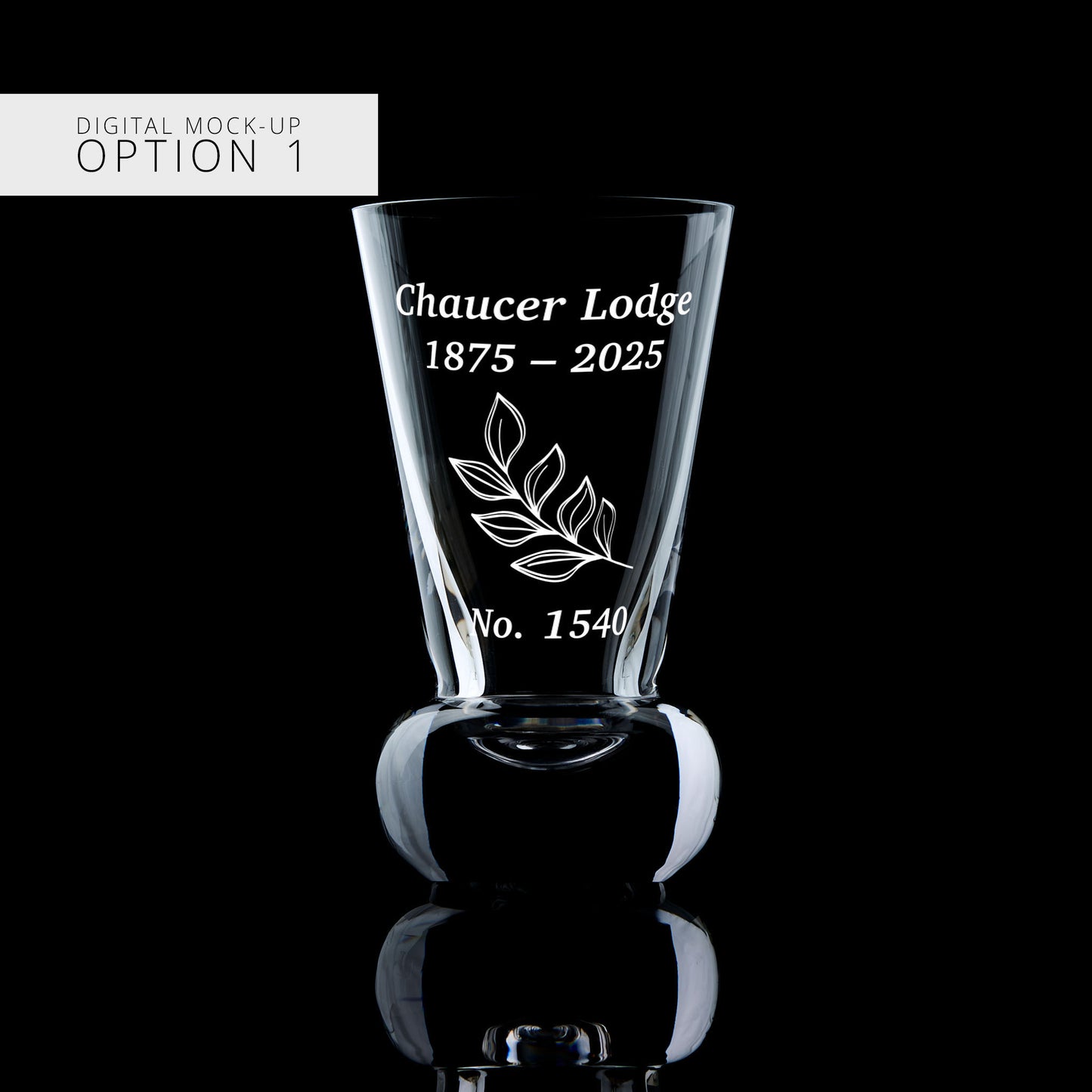Clear glass mock-up with engraved text and design on a black background