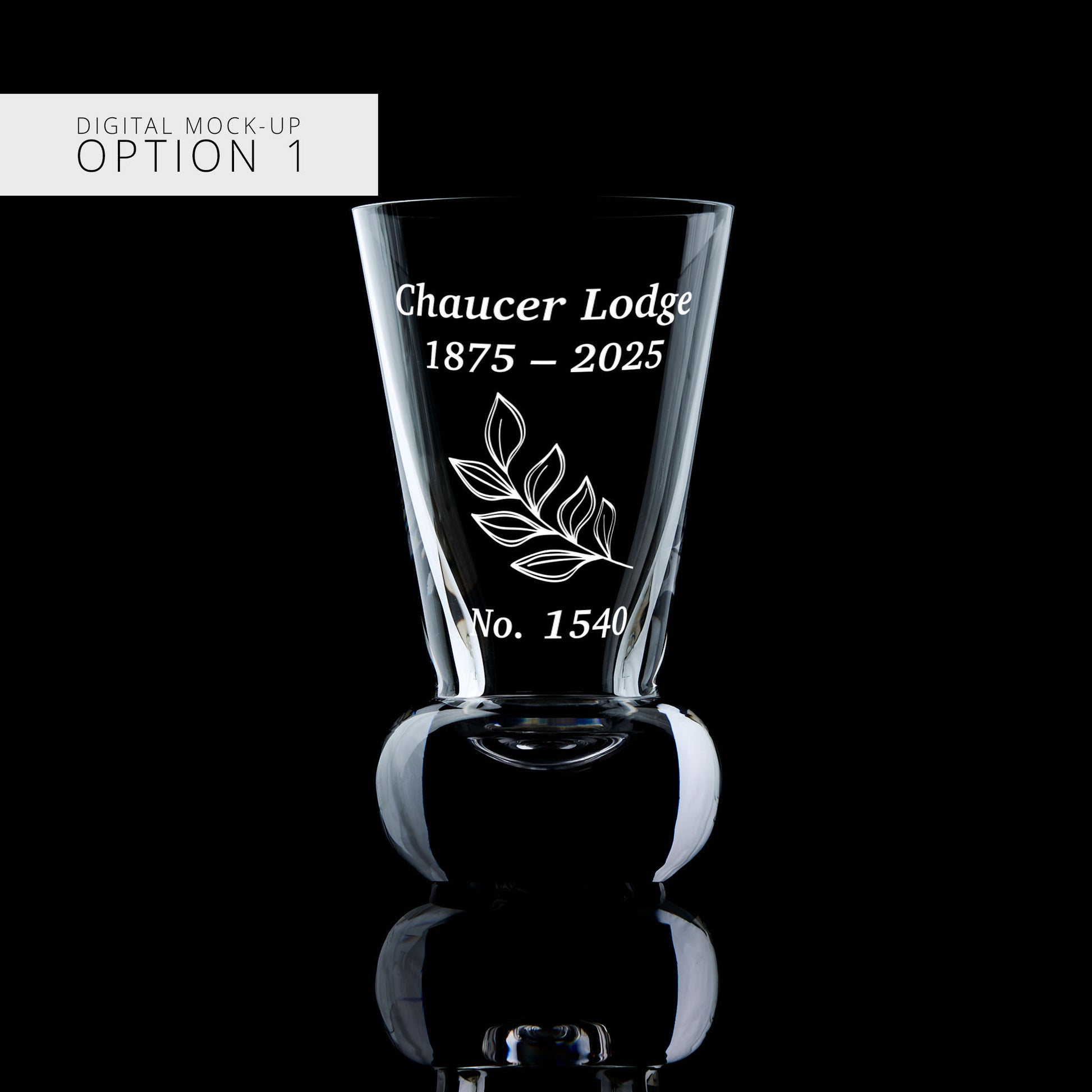 Clear glass mock-up with engraved text and design on a black background