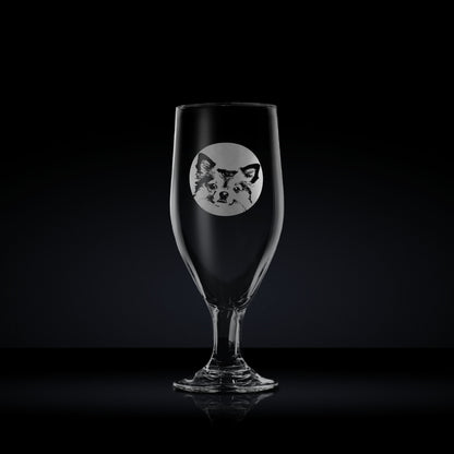 chalice style beer glass engraved with a portrait of a chihuahua dog