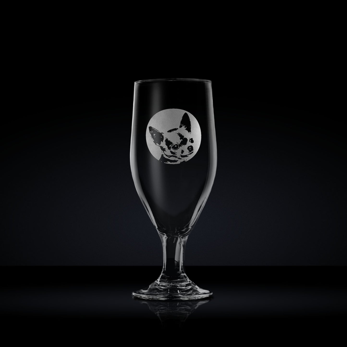 chalice style beer glass engraved with a portrait of a chihuahua dog