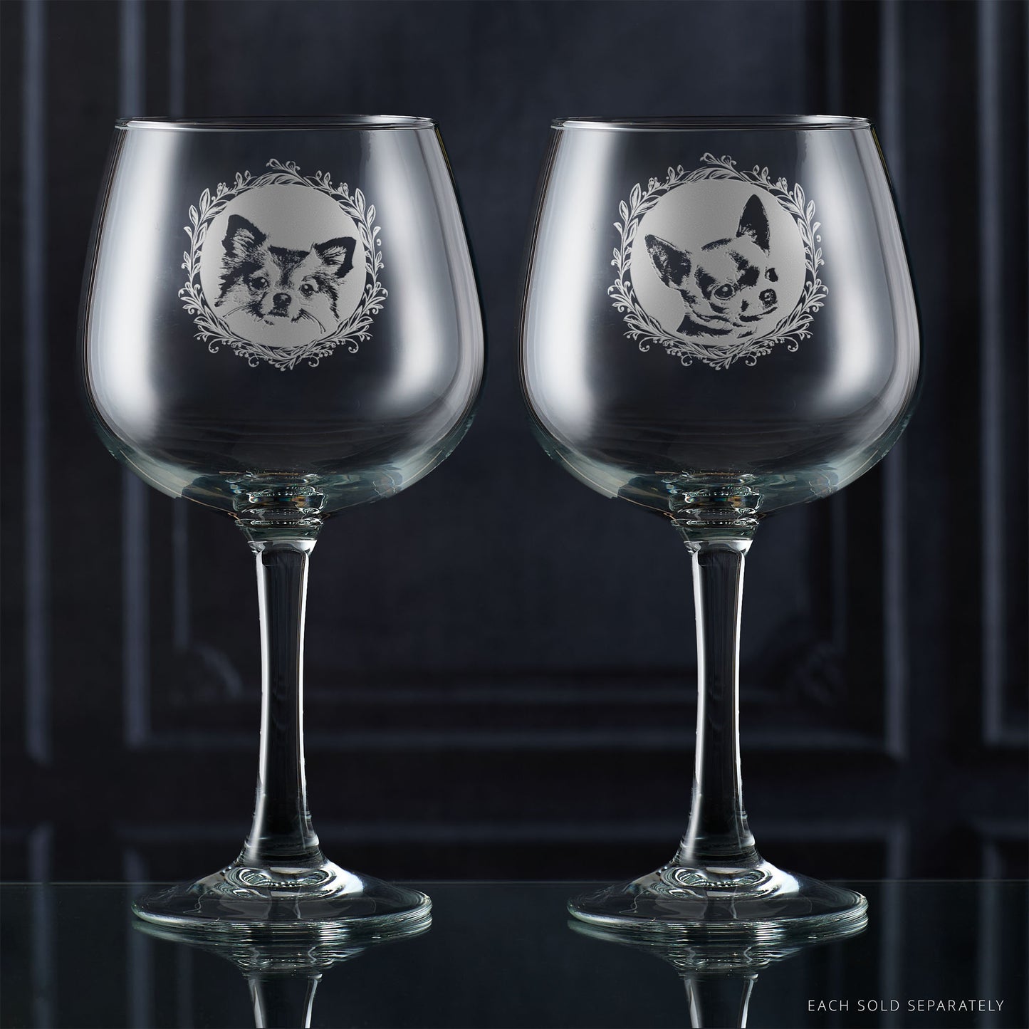 Two gin glases with engraved long haired and short haired chihuahua portraits framed with leafy garland