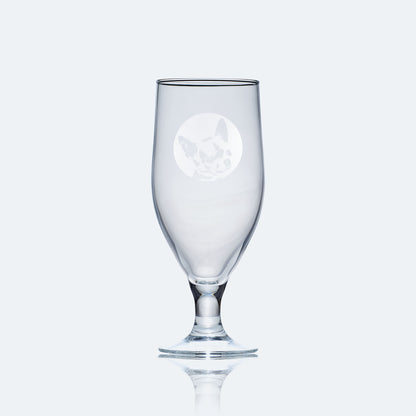 engraved chalice style stemmed beer glass etched with a portrait of a chihuahua dog