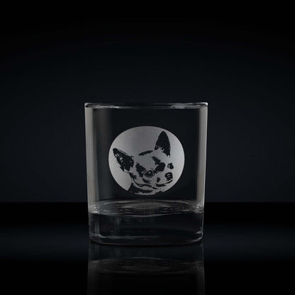 engraved whisky glass etched with a portrait of a chihuahua dog