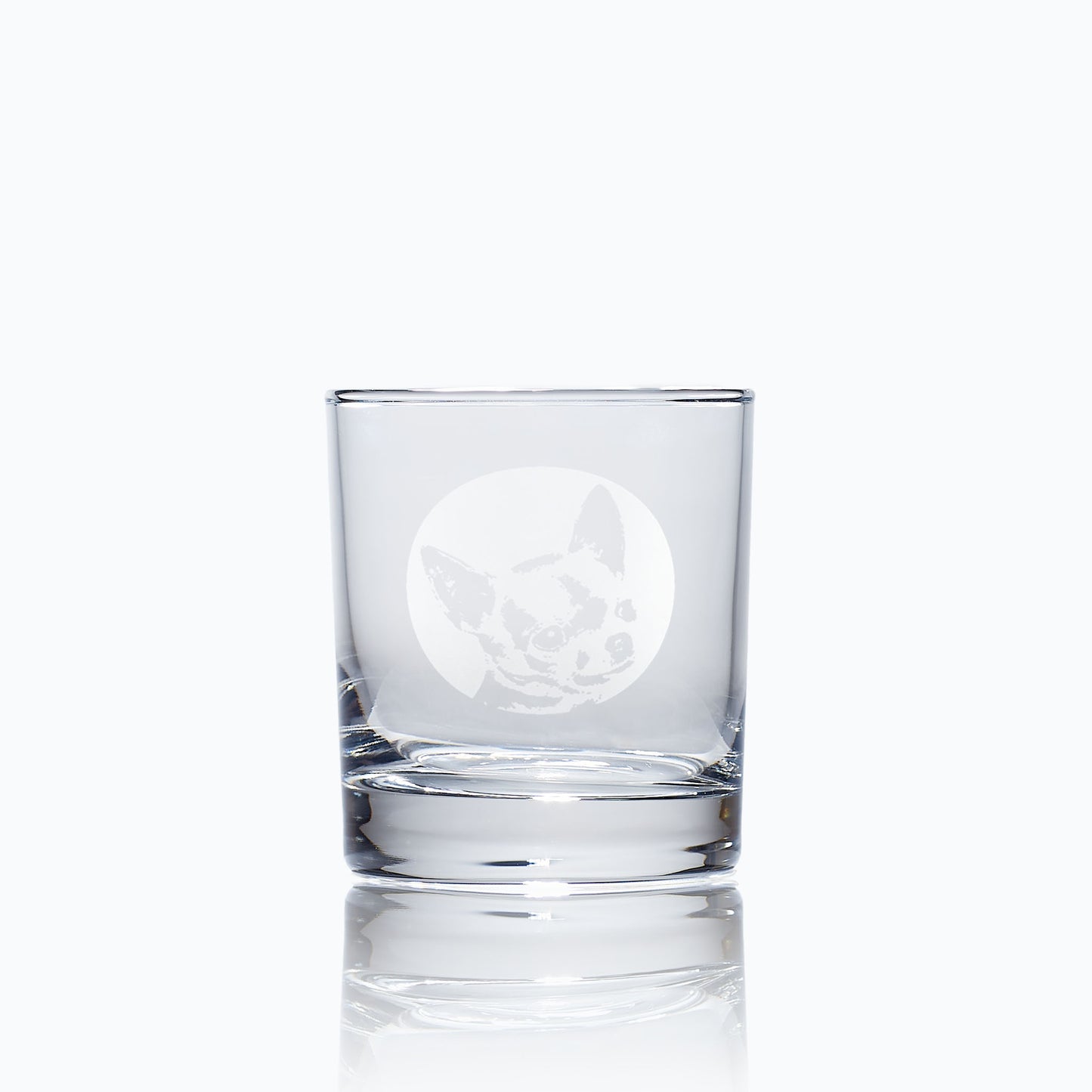 engraved whisky glass etched with a portrait of a chihuahua dog