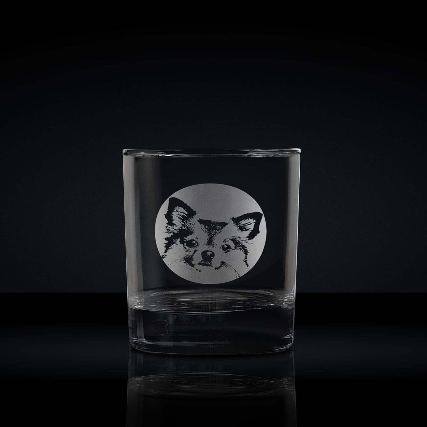 engraved whisky glass etched with a portrait of a chihuahua dog