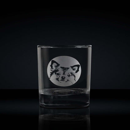 engraved whisky glass etched with a portrait of a chihuahua dog