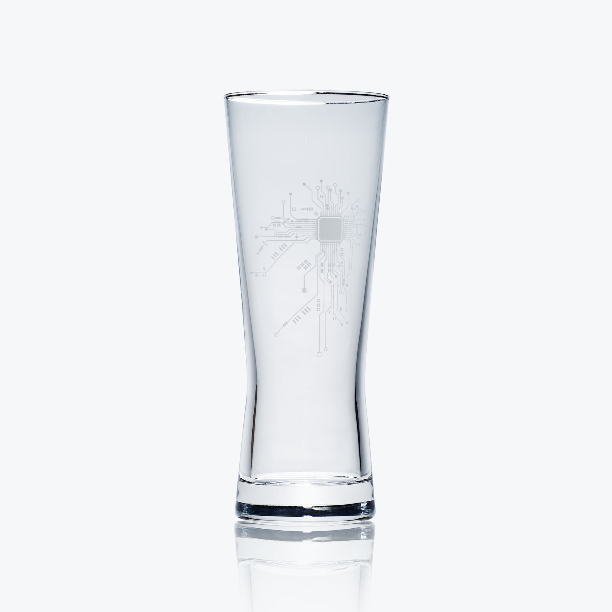 pilsner pint beer glass engraved with a circuit board