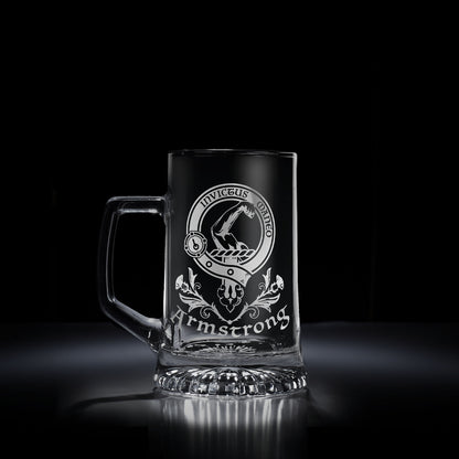 Glass tankard engraved with a Scottish clan crest design - Clan Armstrong