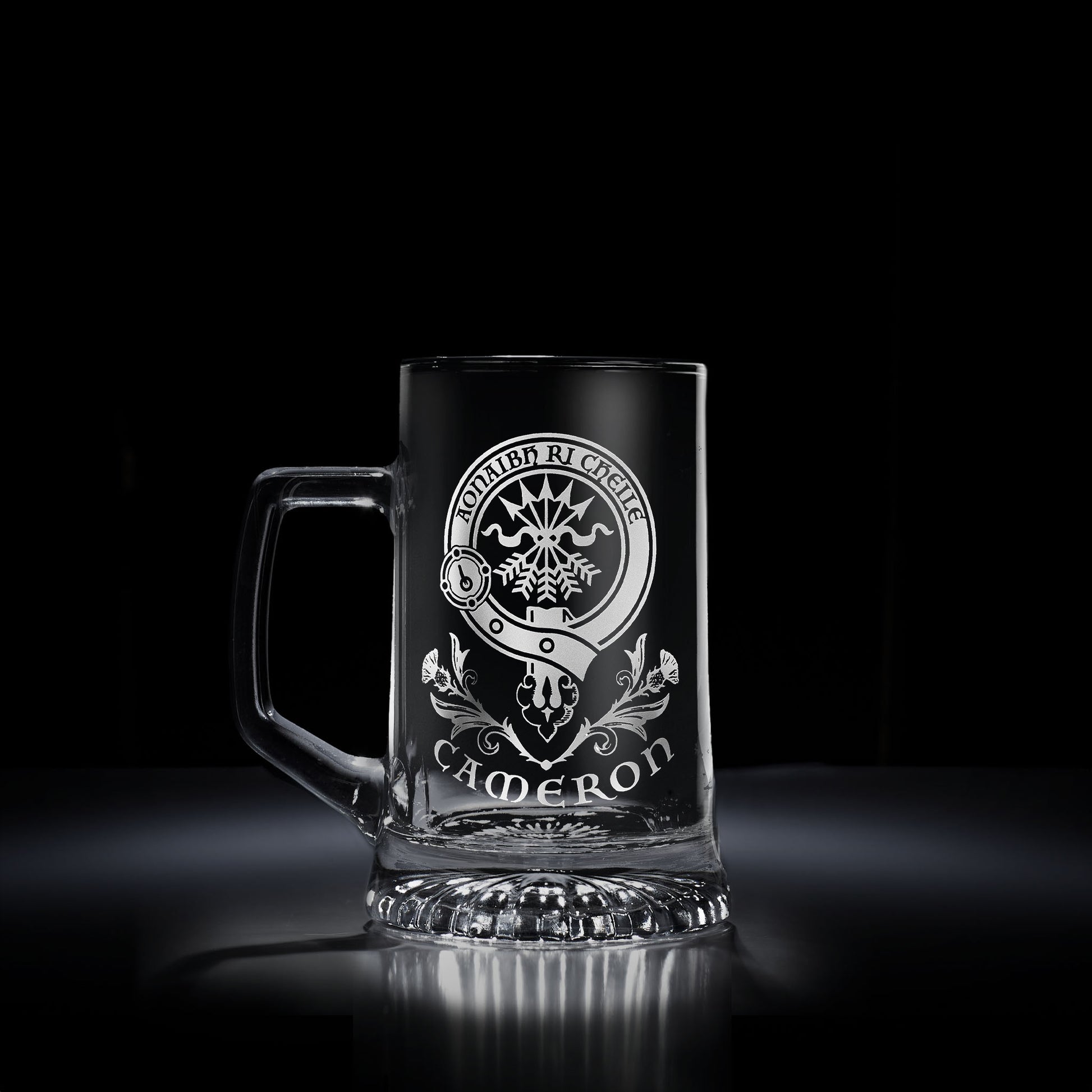 Glass tankard engraved with a Scottish clan crest design - Clan Cameron