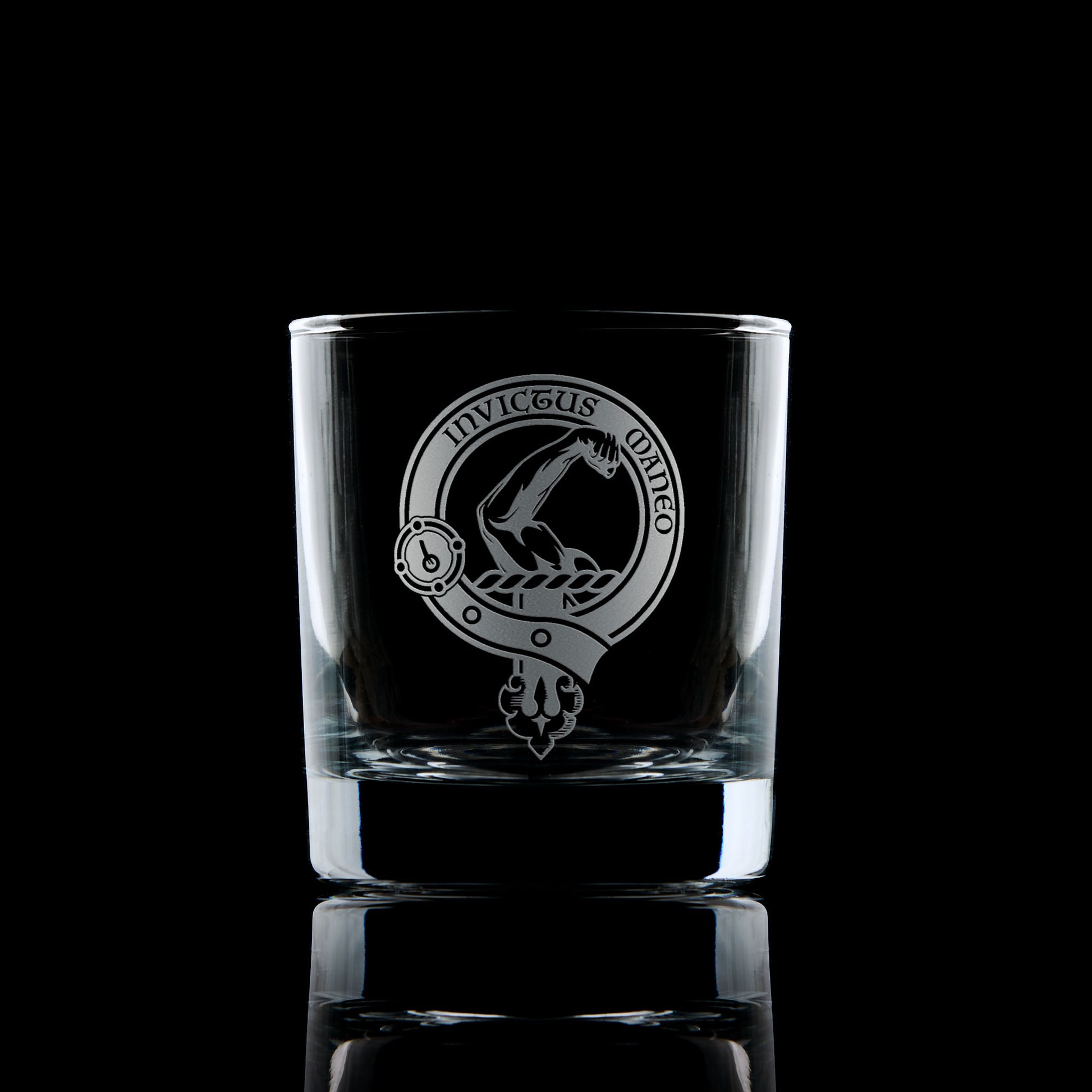 whisky glass engraved with armstrong family clan crest