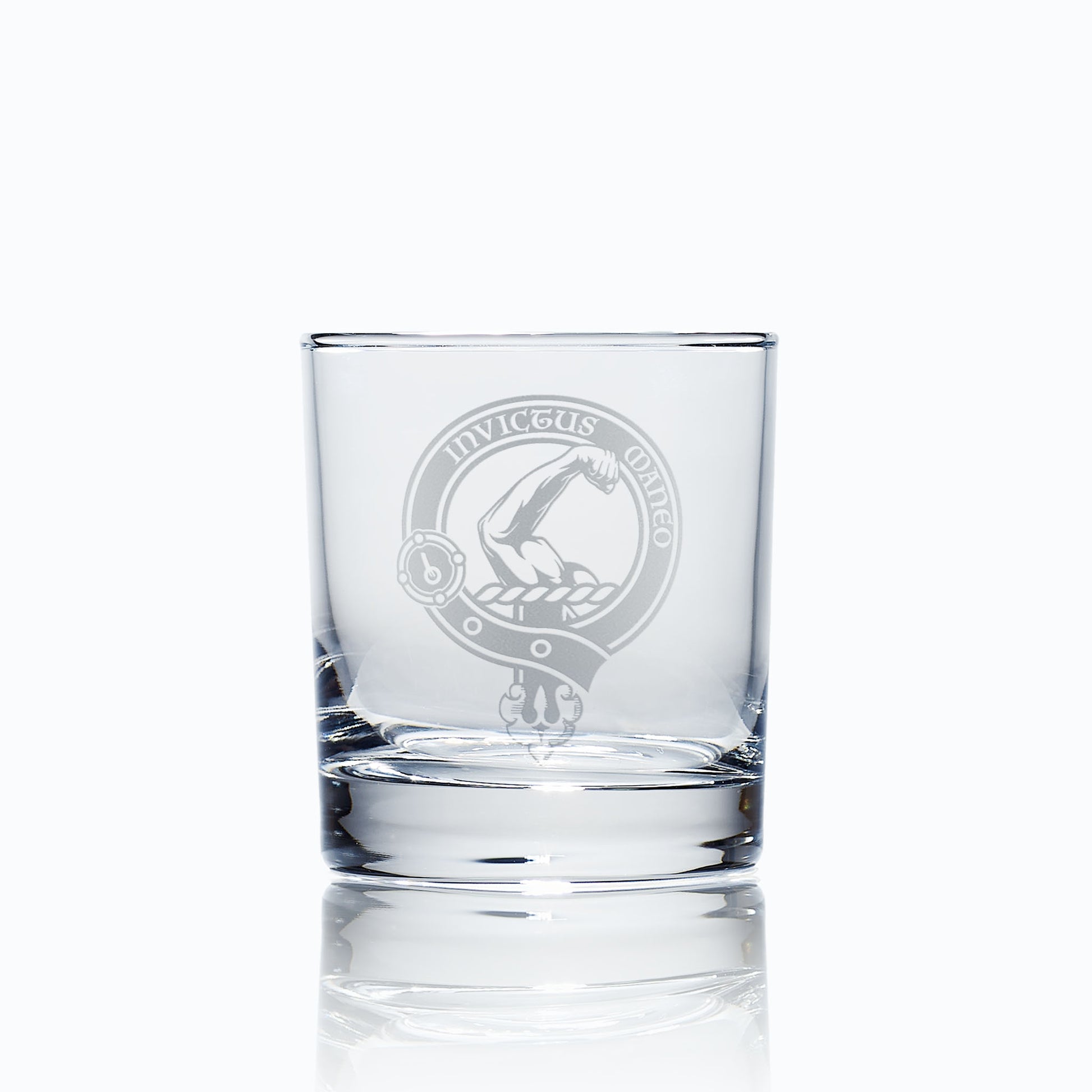 whisky glass engraved with armstrong family clan crest