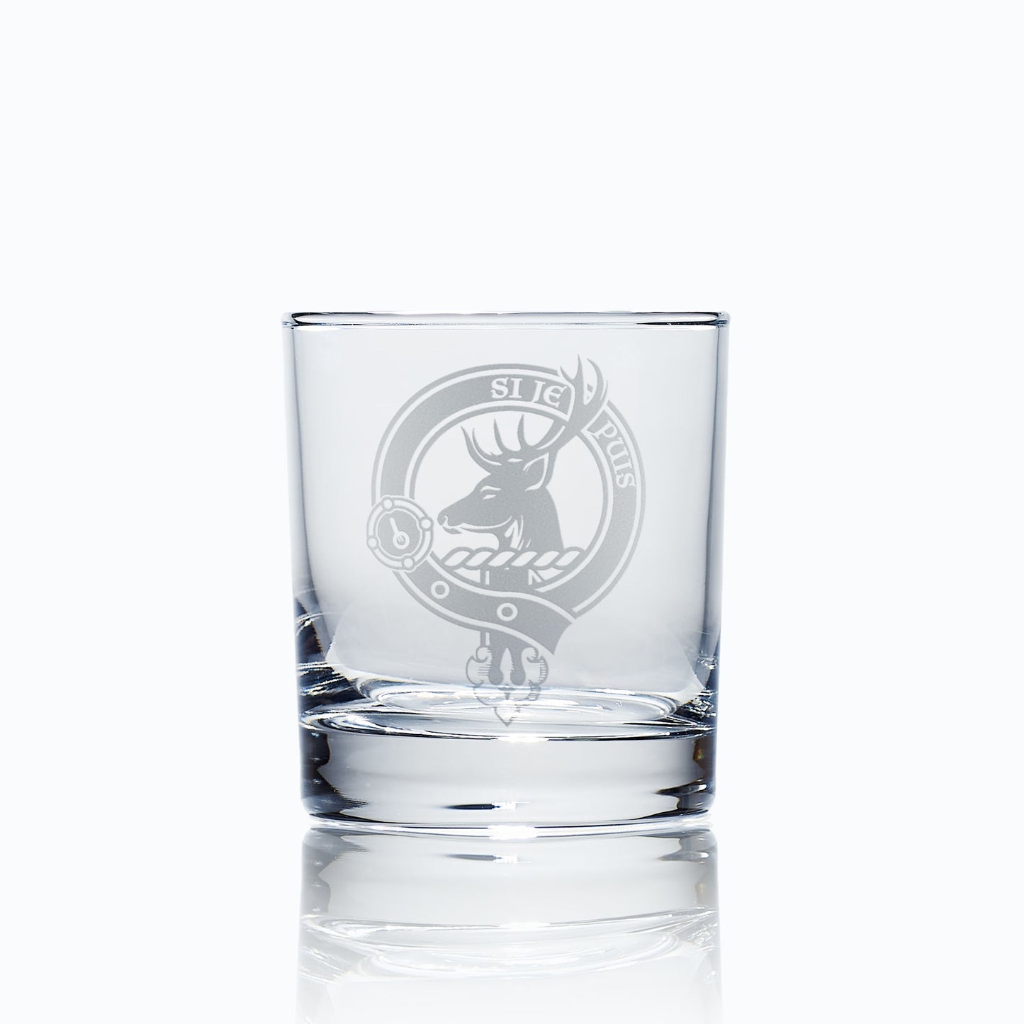 whisky glass engraved with colquhuon family clan crest