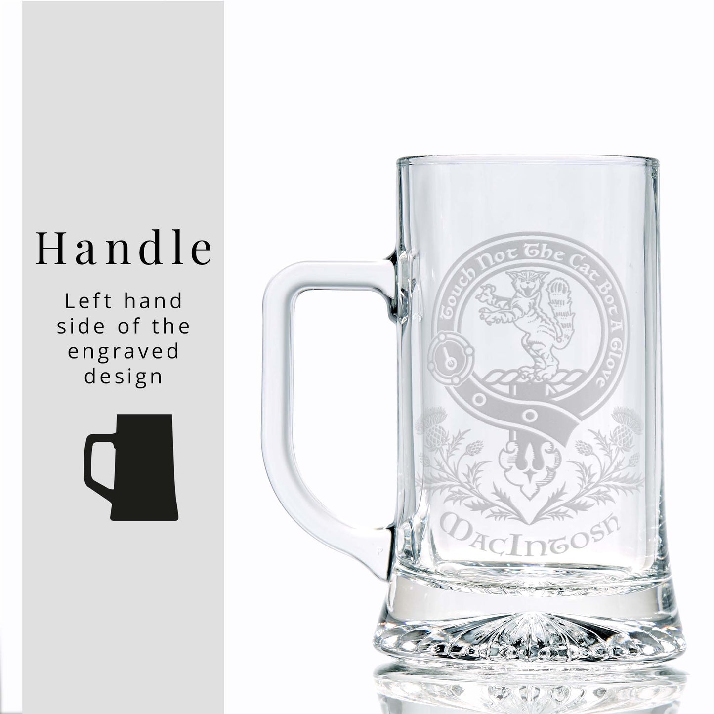 scottish clan crest tankard engraved with the Macintosh family crest and motto