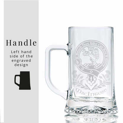 scottish clan crest tankard engraved with the Macintosh family crest and motto