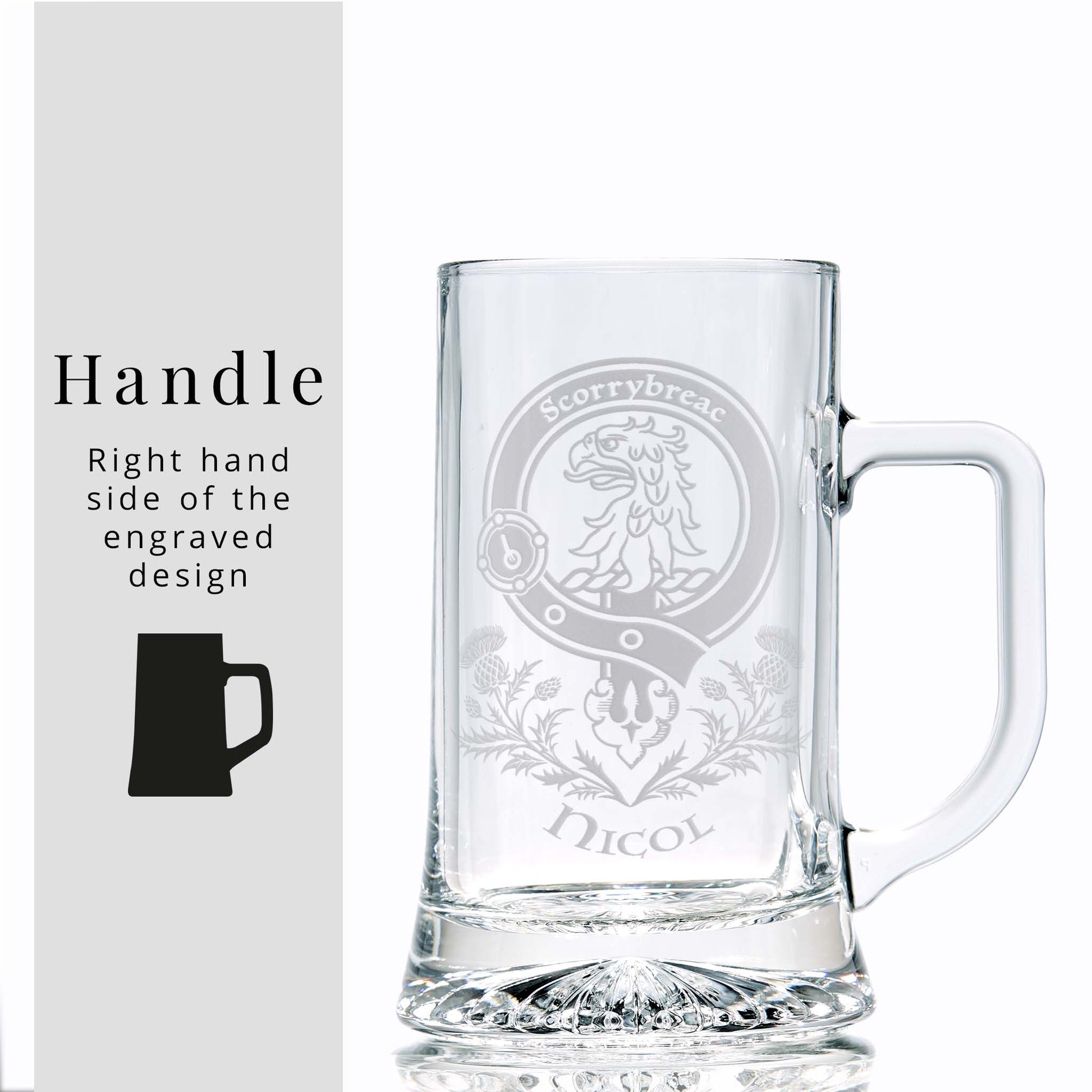 Scottish clan crest tankard engraved with the Nicol family crest and motto